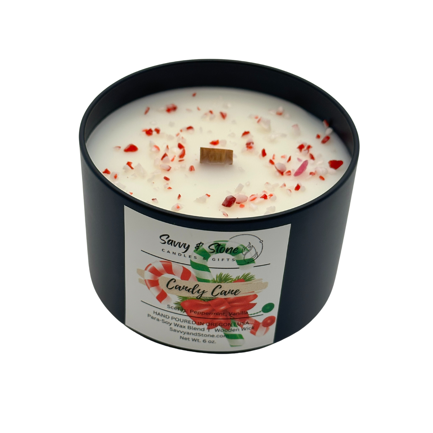Candy Cane | 6oz Soy Wooden Wick Candle in premium Tin (Free shipping over $35)