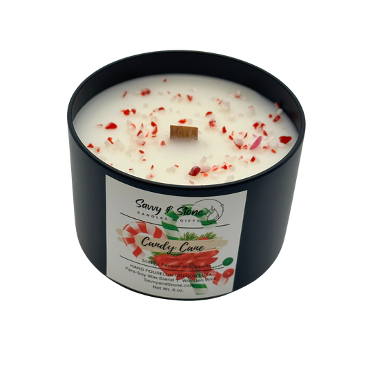 Candy Cane | 6oz Soy Wooden Wick Candle in premium Tin (Free shipping over $35)