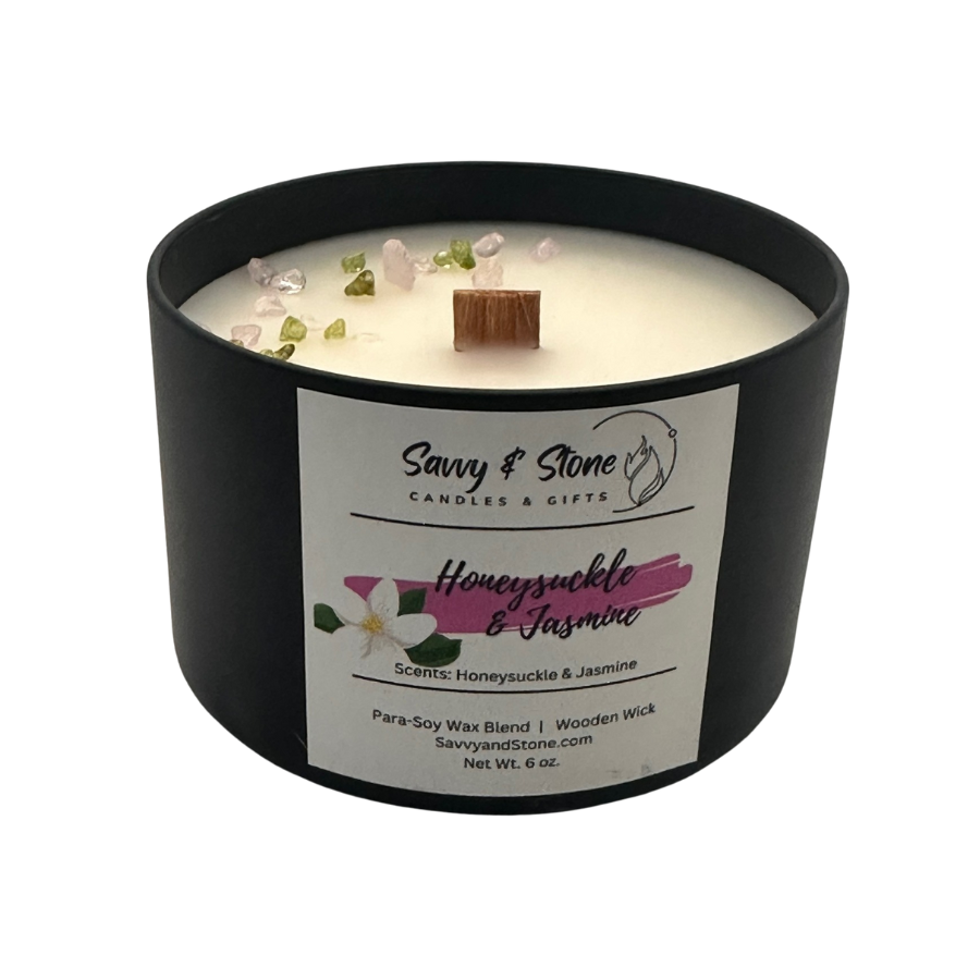 Honeysuckle & Jasmine | 6oz Wooden Wick Candle in Premium Tin (Free Shipping over $35)