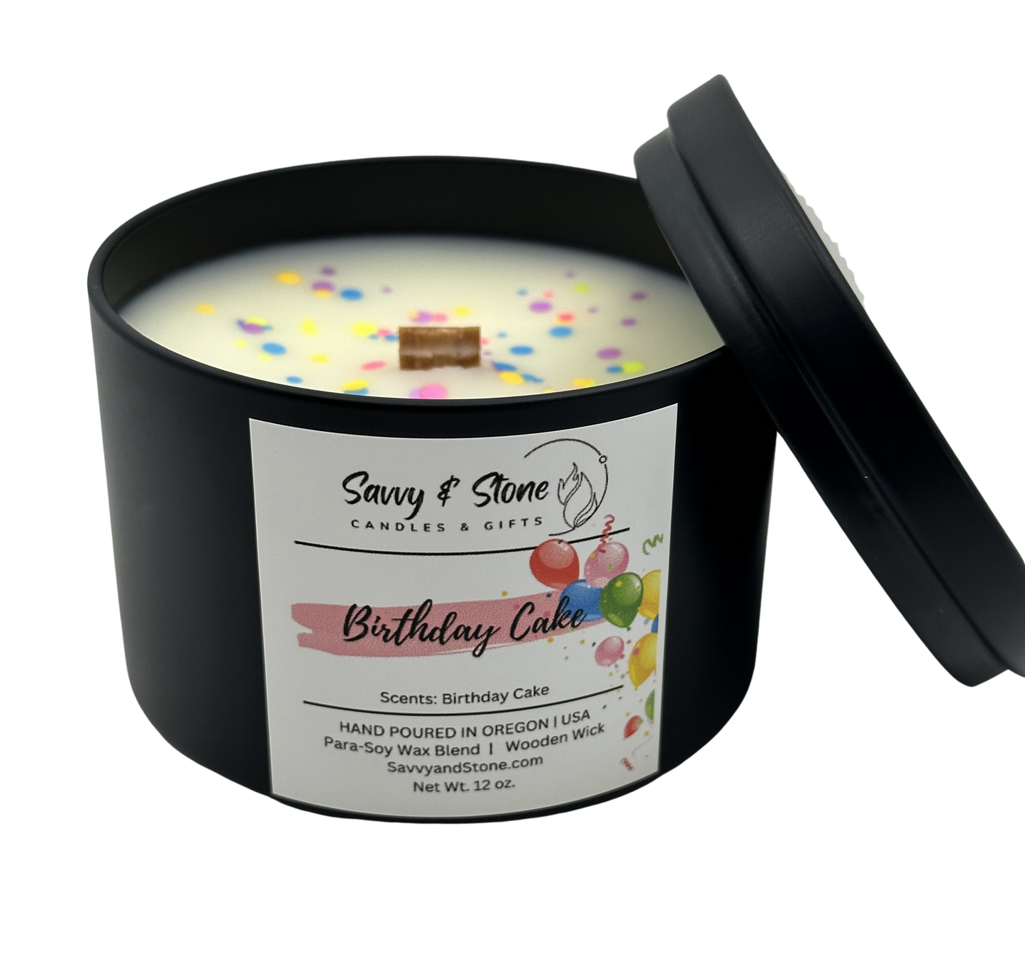 Birthday Cake | 6oz Wooden Wick Candle in Premium Tin (Free Shipping over $35)