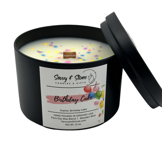 Birthday Cake | 6oz Wooden Wick Candle in Premium Tin (Free Shipping over $35)