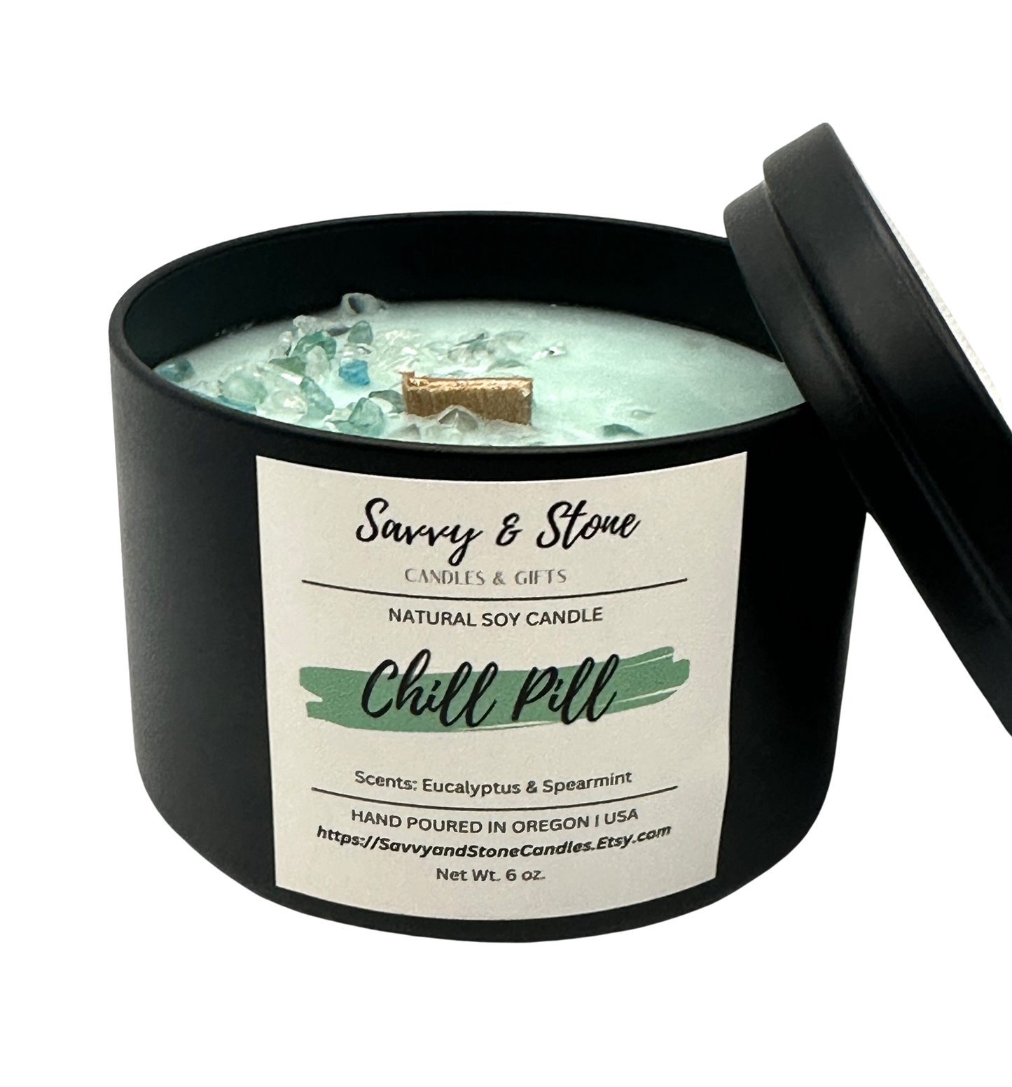 Spearmint & Eucalyptus "Chill Pill" / 6oz Wooden Wick Candle in Premium Tin (Free shipping over $35)