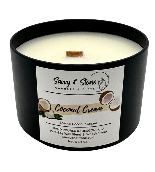 Coconut Cream  | 6oz Wooden Wick Candle in Premium Tin (Free Shipping over $35)
