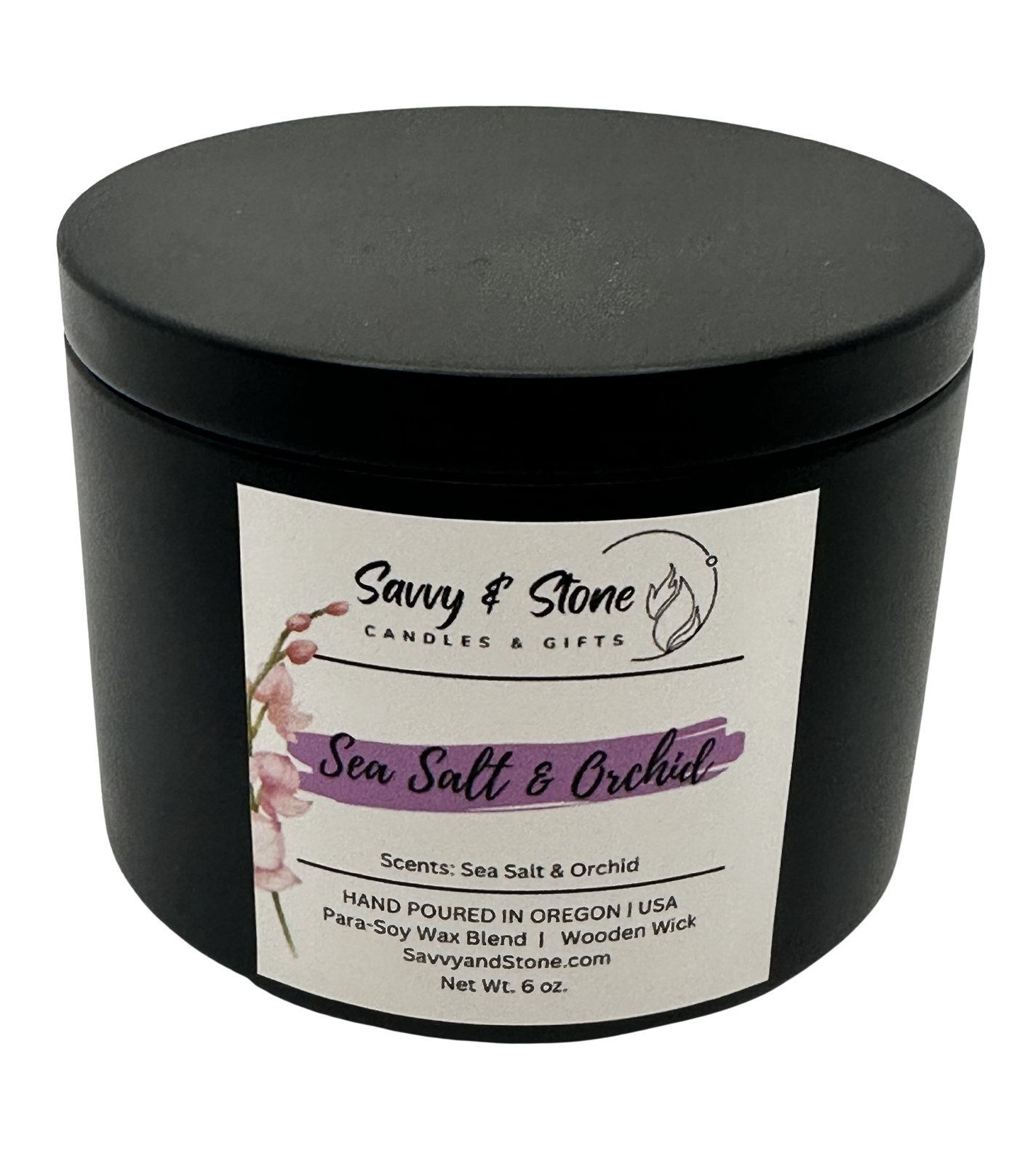 Sea Salt & Orchid / 6oz Wooden Wick Candle in Premium Tin (Free Shipping over $35)