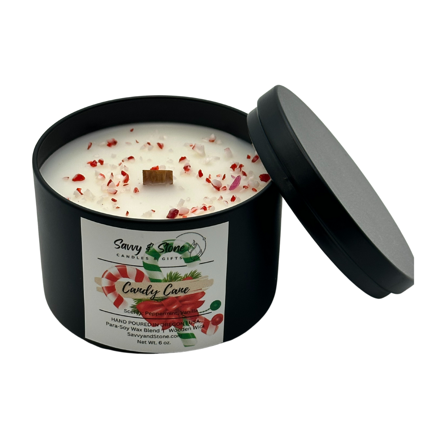 Candy Cane | 6oz Soy Wooden Wick Candle in premium Tin (Free shipping over $35)