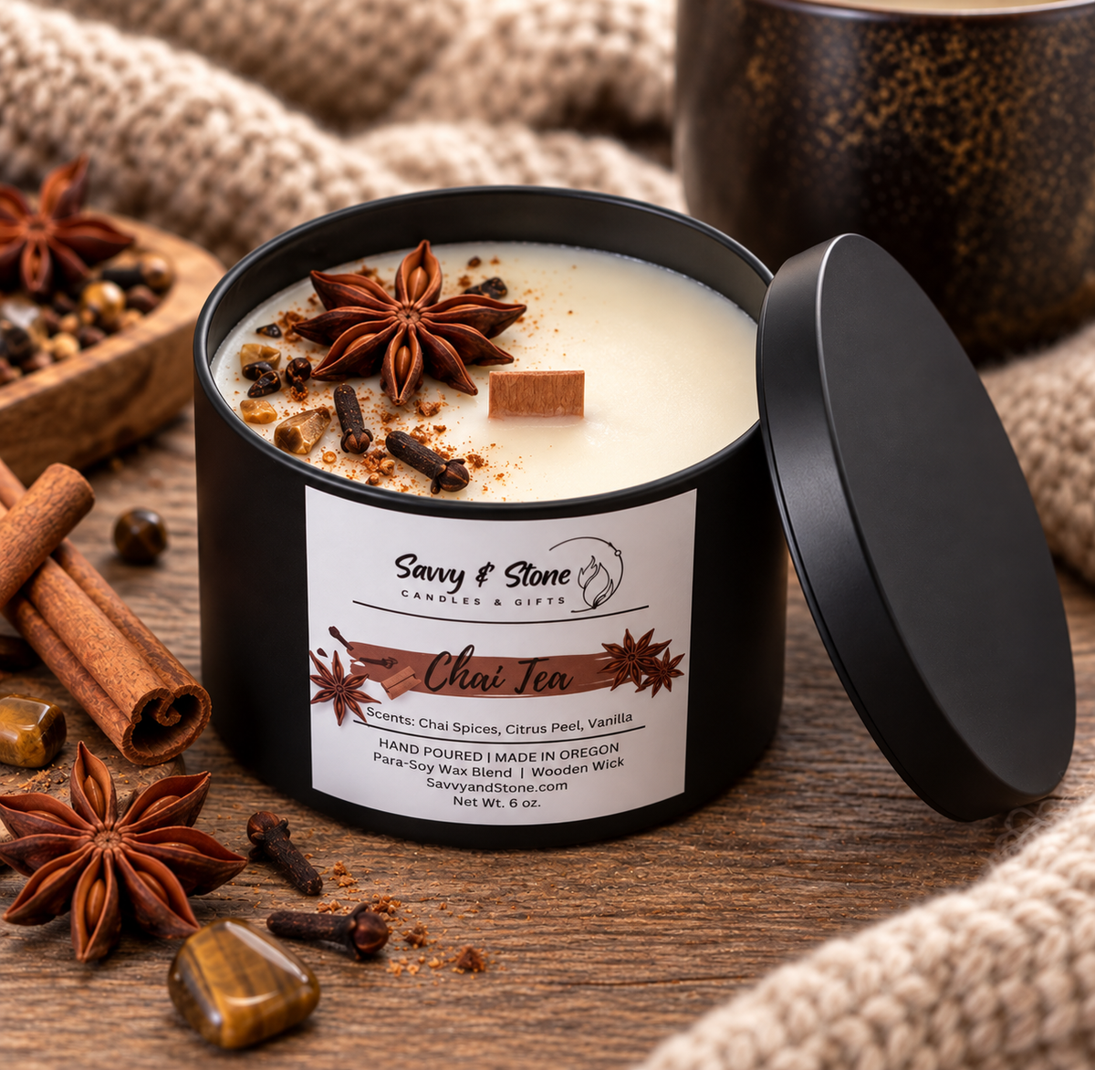 Chai tea wooden wick candle in black tin with star anise, spices and lid