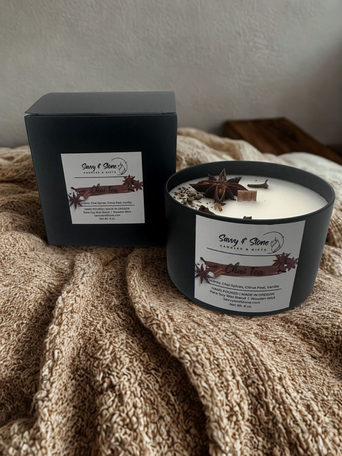 Chai tea and cinnamon wooden wick candle in black tin with Savvy & Stone gift box