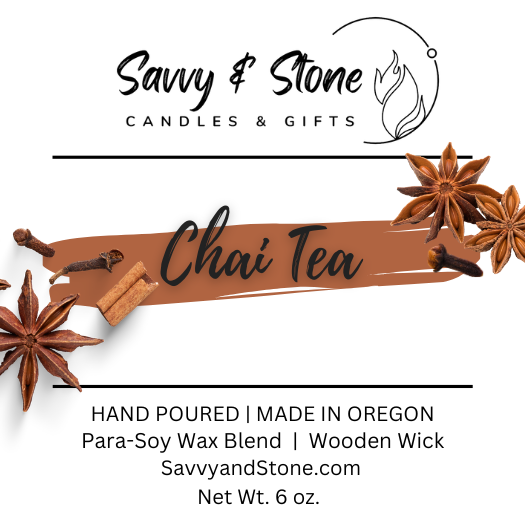 Savvy & Stone Chai Tea wooden wick candle product label