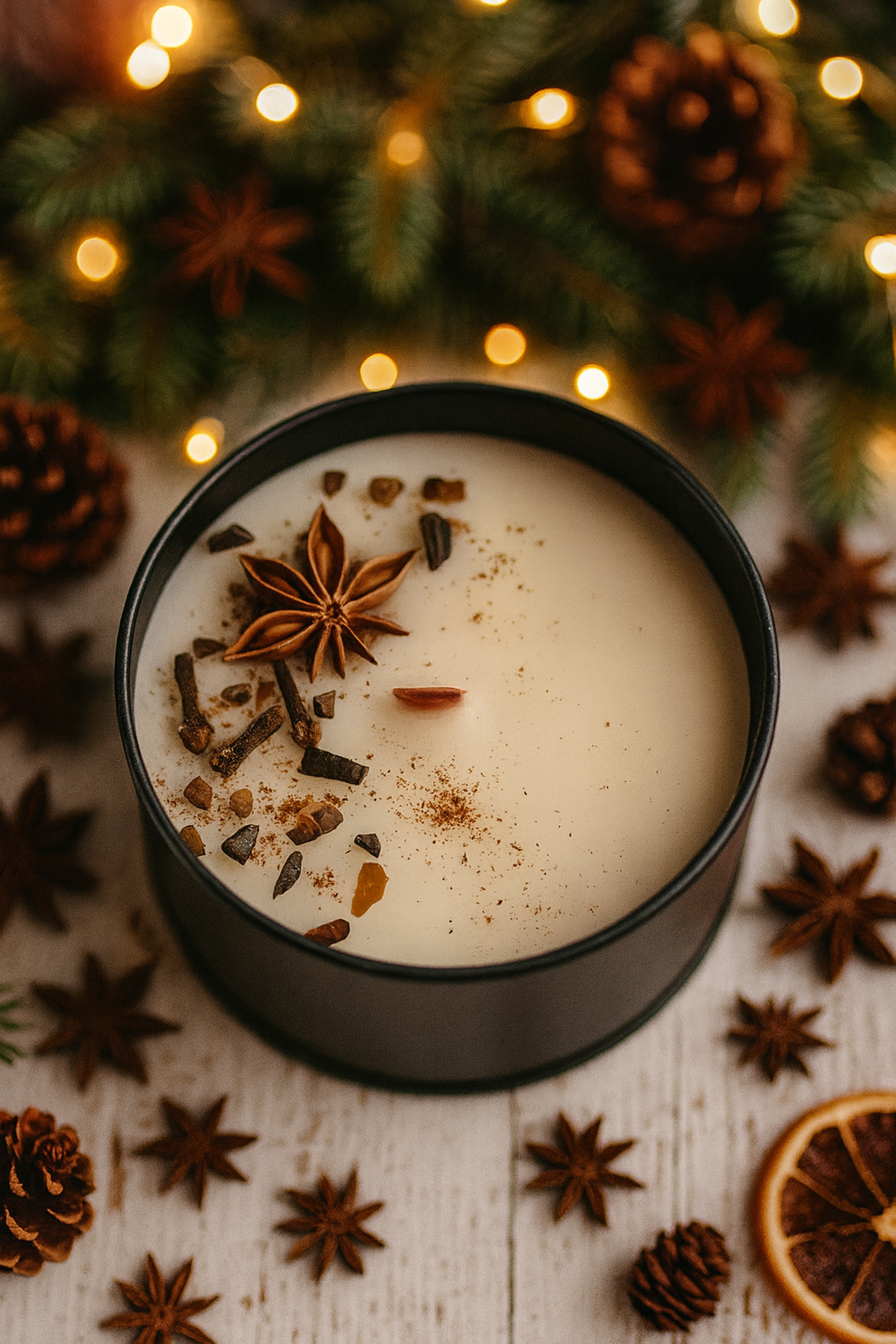Chai tea wooden wick candle styled with warm lights, greenery and chai spices