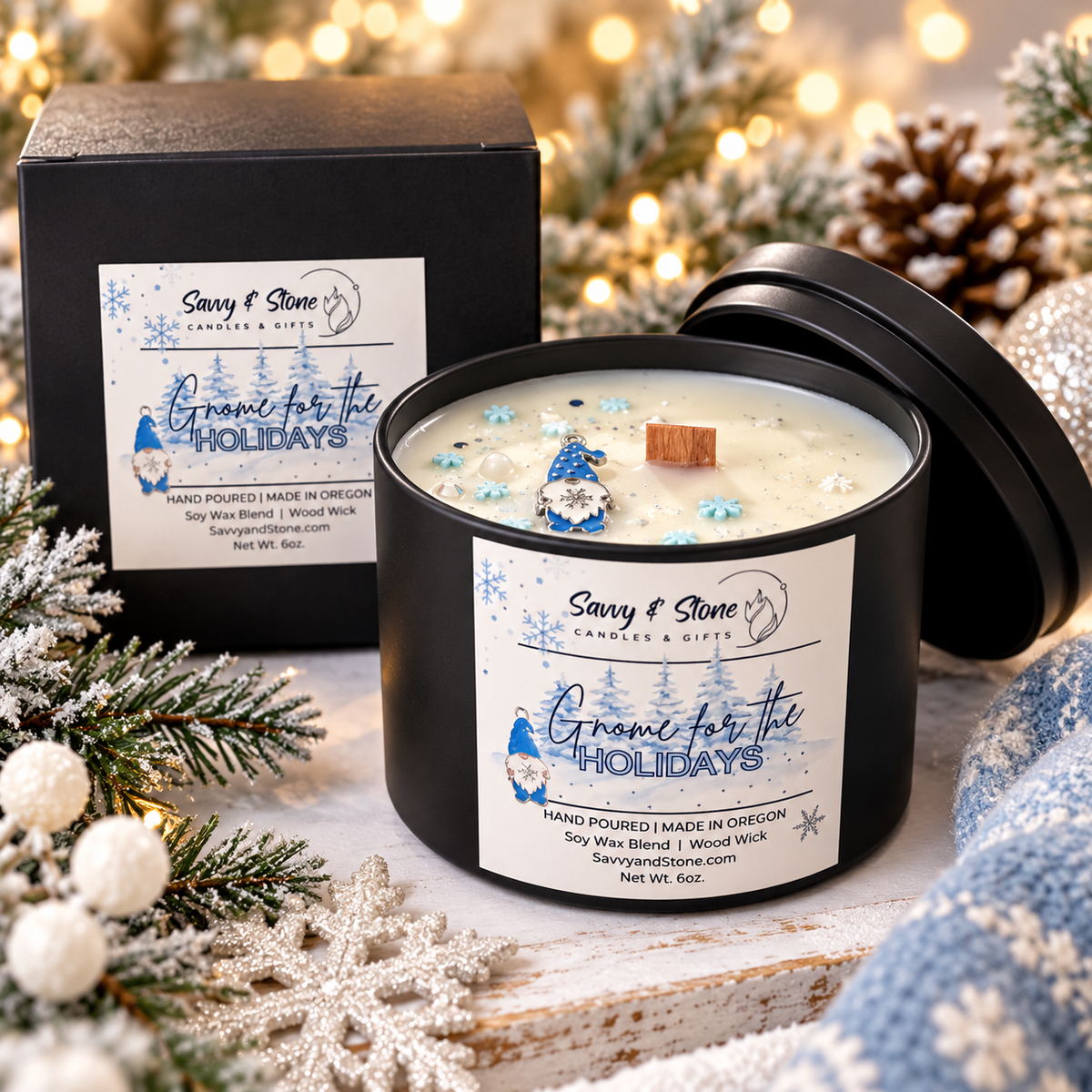 Gnome for the Holidays | Peppermint Vanilla Wood Wick Candle | Christmas Gift | 6oz