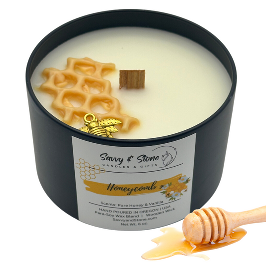 Honey Vanilla "Honeycomb" | Hand-poured 6oz Wooden Wick Candle | Soy Wax Blend