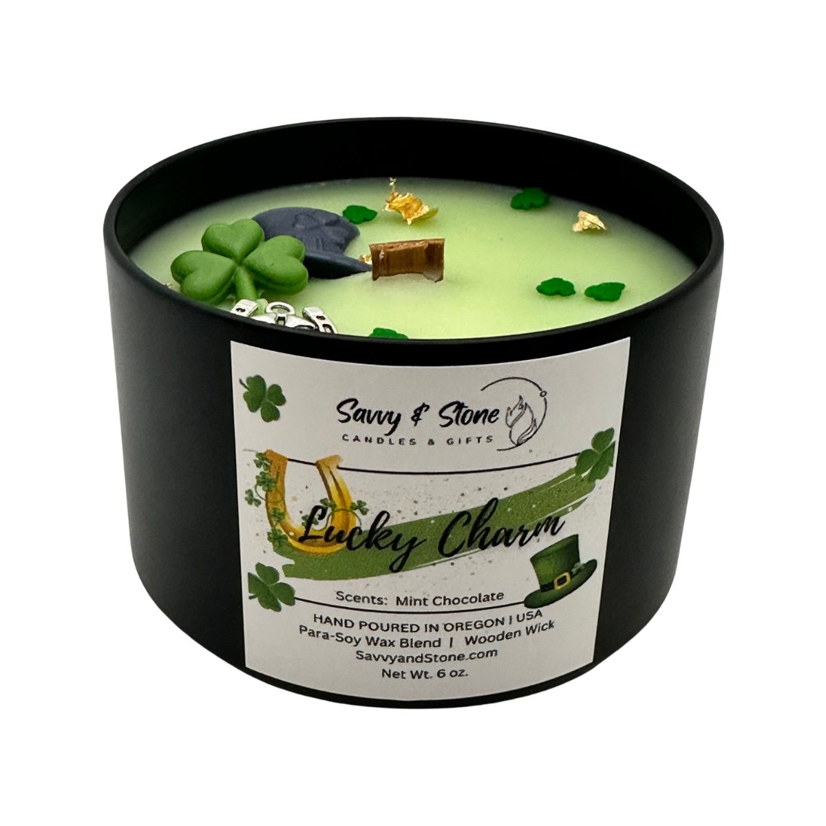 St Patrick's Day 'Lucky Charm' | Hand-poured 6oz Wooden Wick Candle | Soy Wax Blend