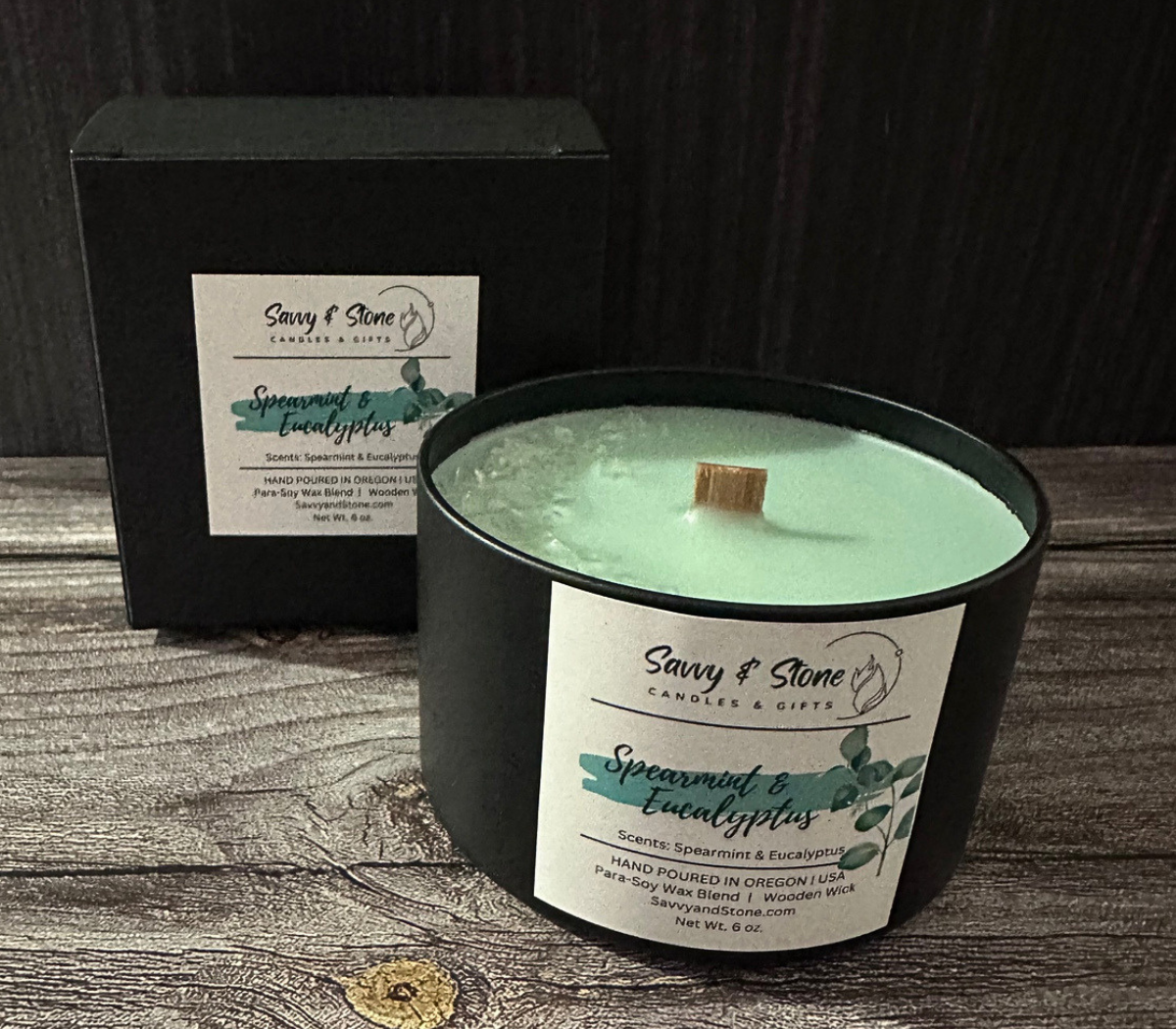 Spearmint & Eucalyptus "Chill Pill" / 6oz Wooden Wick Candle in Premium Tin (Free shipping over $35)