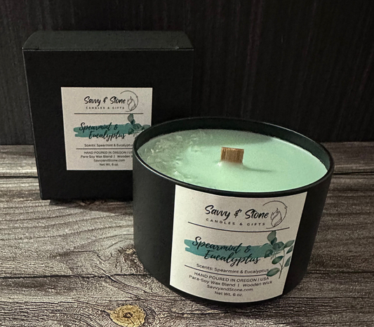 Spearmint & Eucalyptus "Chill Pill" / 6oz Wooden Wick Candle in Premium Tin (Free shipping over $35)