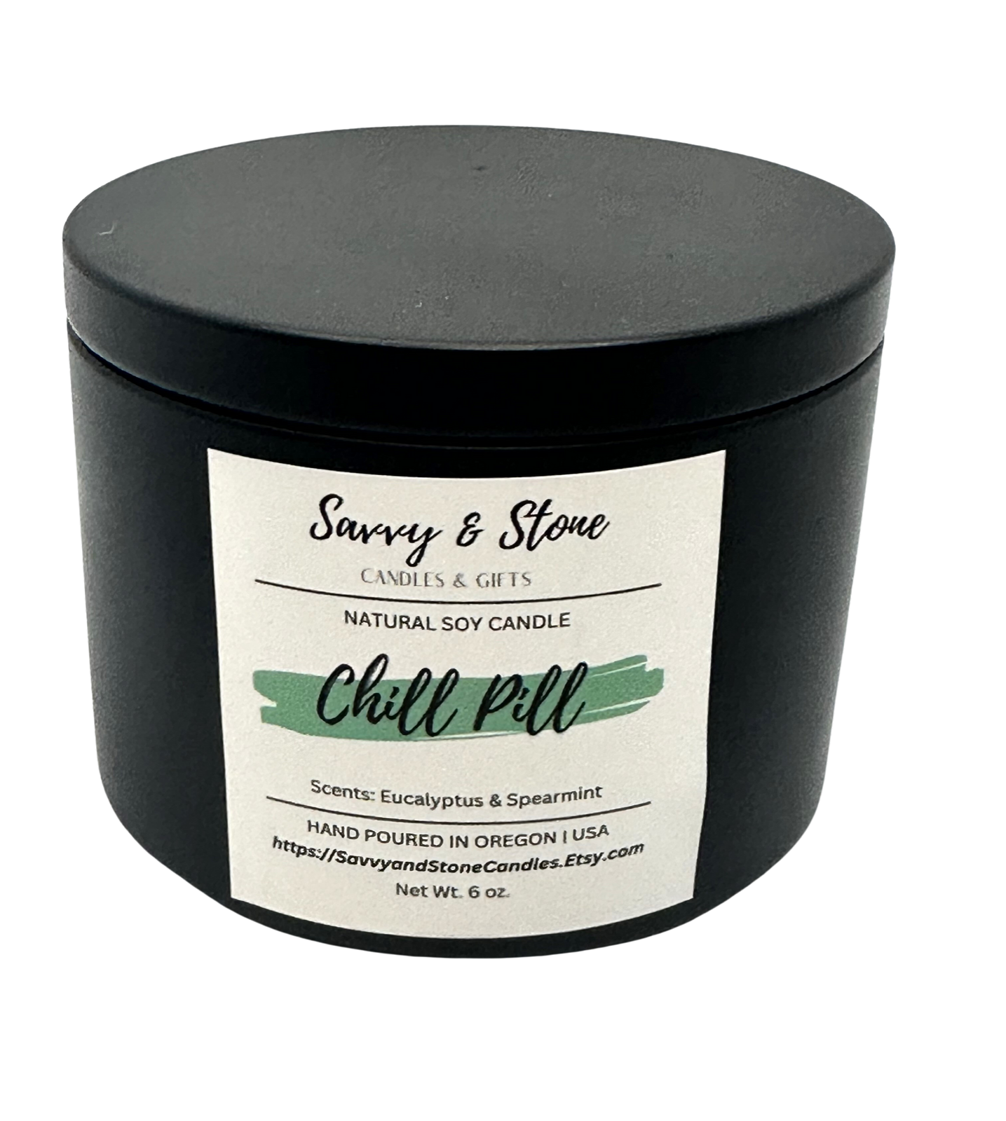 Spearmint & Eucalyptus "Chill Pill" / 6oz Wooden Wick Candle in Premium Tin (Free shipping over $35)