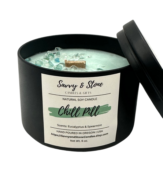 Spearmint & Eucalyptus "Chill Pill" / 6oz Wooden Wick Candle in Premium Tin (Free shipping over $35)