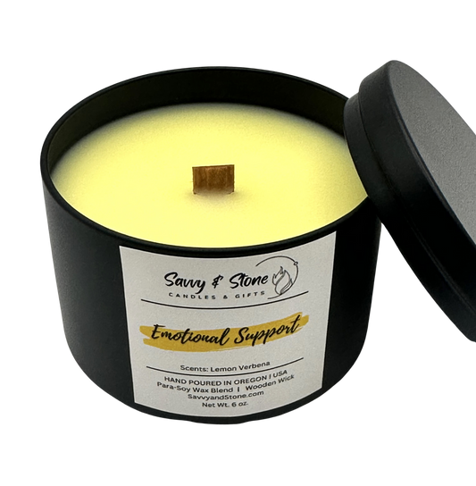 Lemon Verbena "Emotional Support" / 6oz Wooden Wick Candle in Premium Tin (Free shipping over $35)