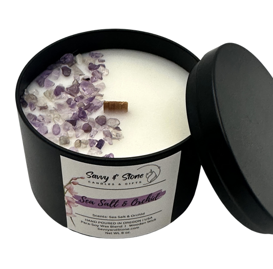 Sea Salt & Orchid / 6oz Wooden Wick Candle in Premium Tin (Free Shipping over $35)