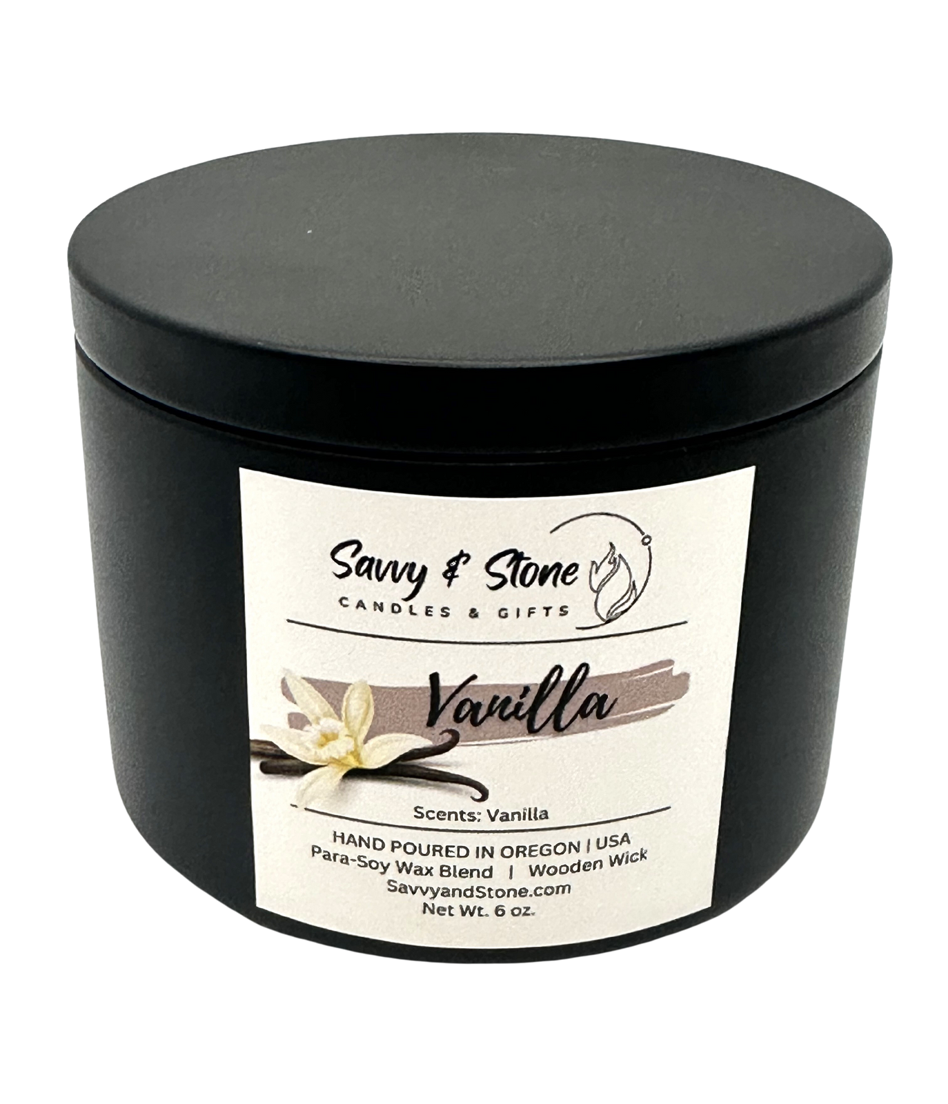 Vanilla / 6oz Wooden Wick Candle in Premium Tin (Free Shipping over $35)