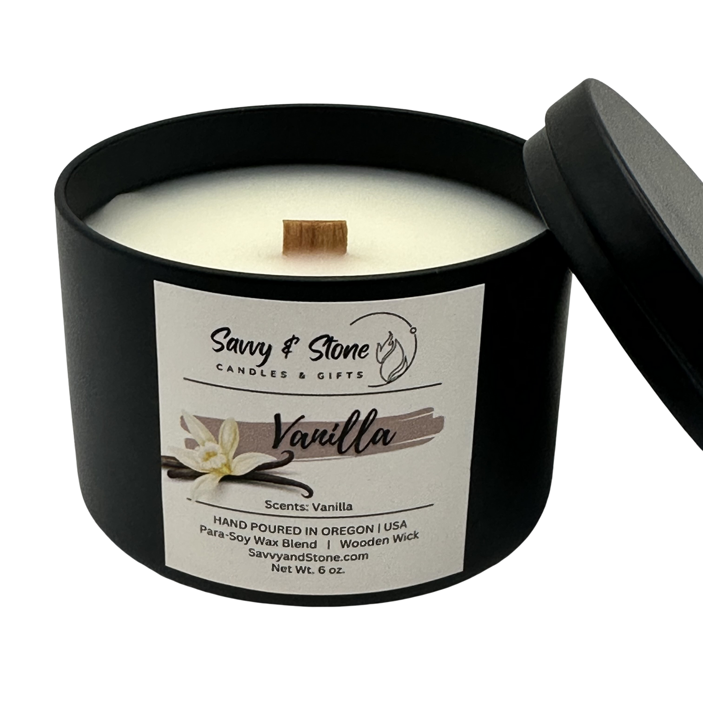 Vanilla / 6oz Wooden Wick Candle in Premium Tin (Free Shipping over $35)